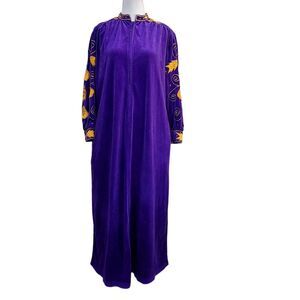 Vintage 70s Lily Purple Velour Gold Embroidery Zip Front‎ Housecoat Robe Hostess